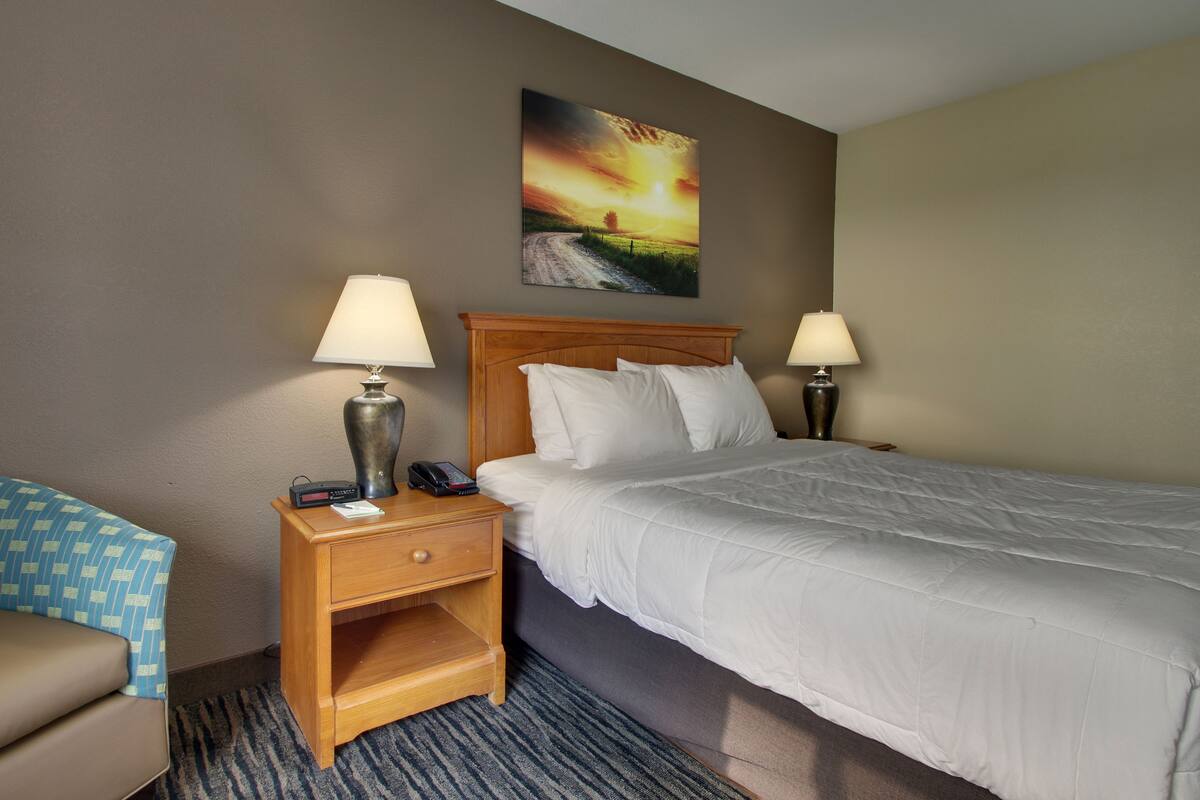 Habitación de hotel con una cama grande, dos lámparas de noche, una mesita de noche con teléfono, una silla y un cuadro de un atardecer en la pared.