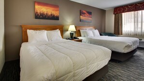 Habitación de hotel con dos camas, una mesita de noche con lámpara y dos cuadros en la pared.