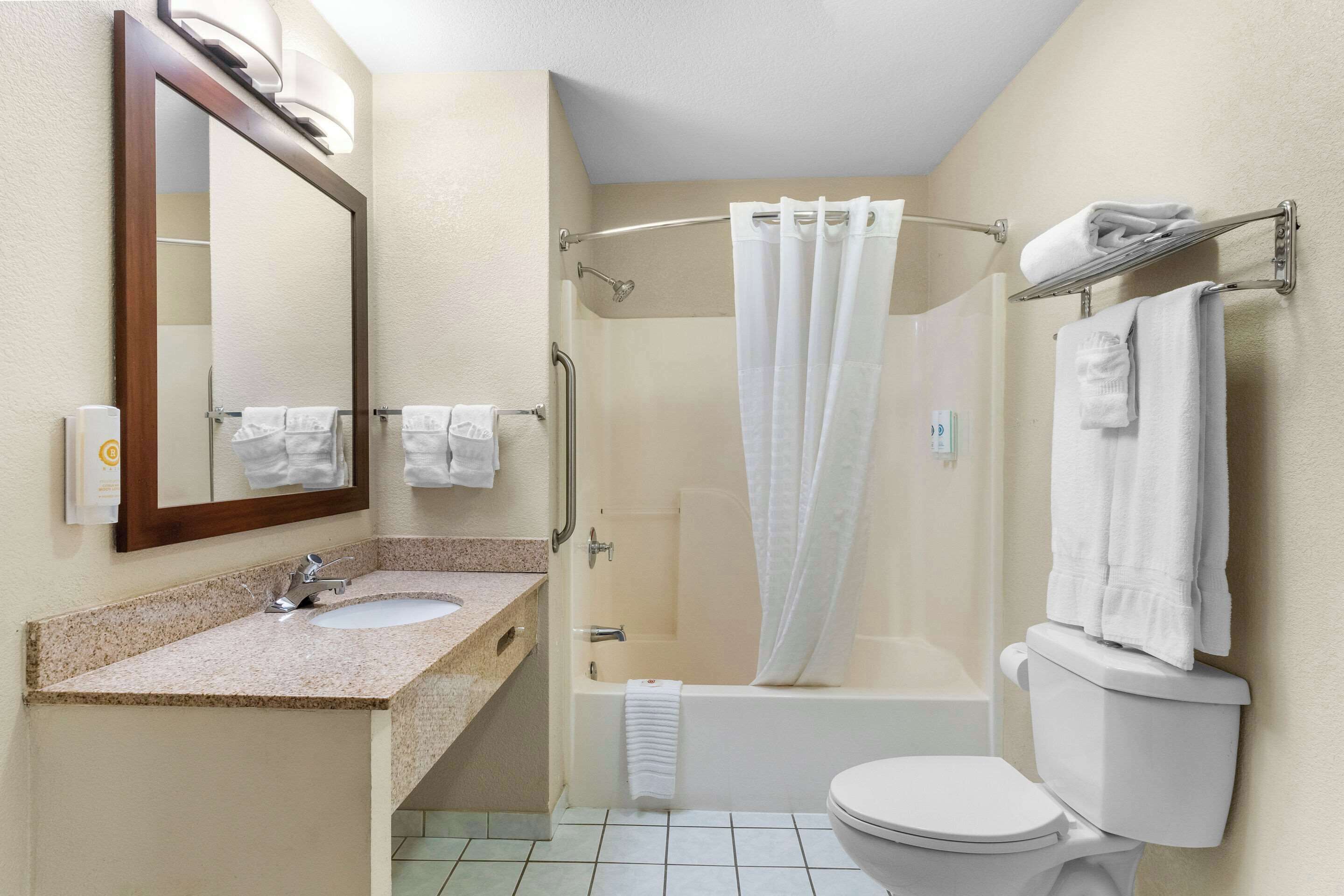 A bathroom with a sink, mirror, shower, and toilet.