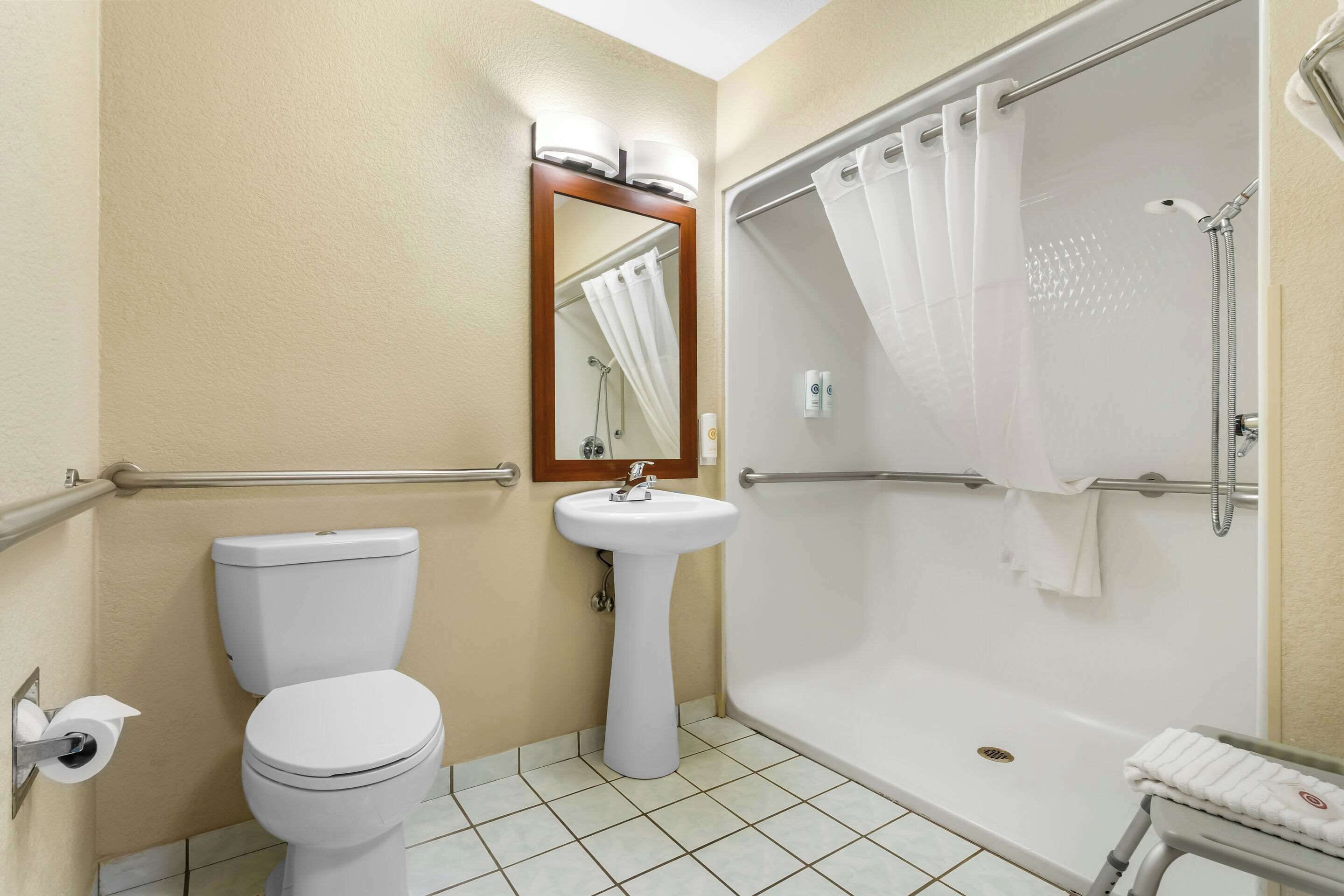 A bathroom with a toilet, sink, and walk-in shower.