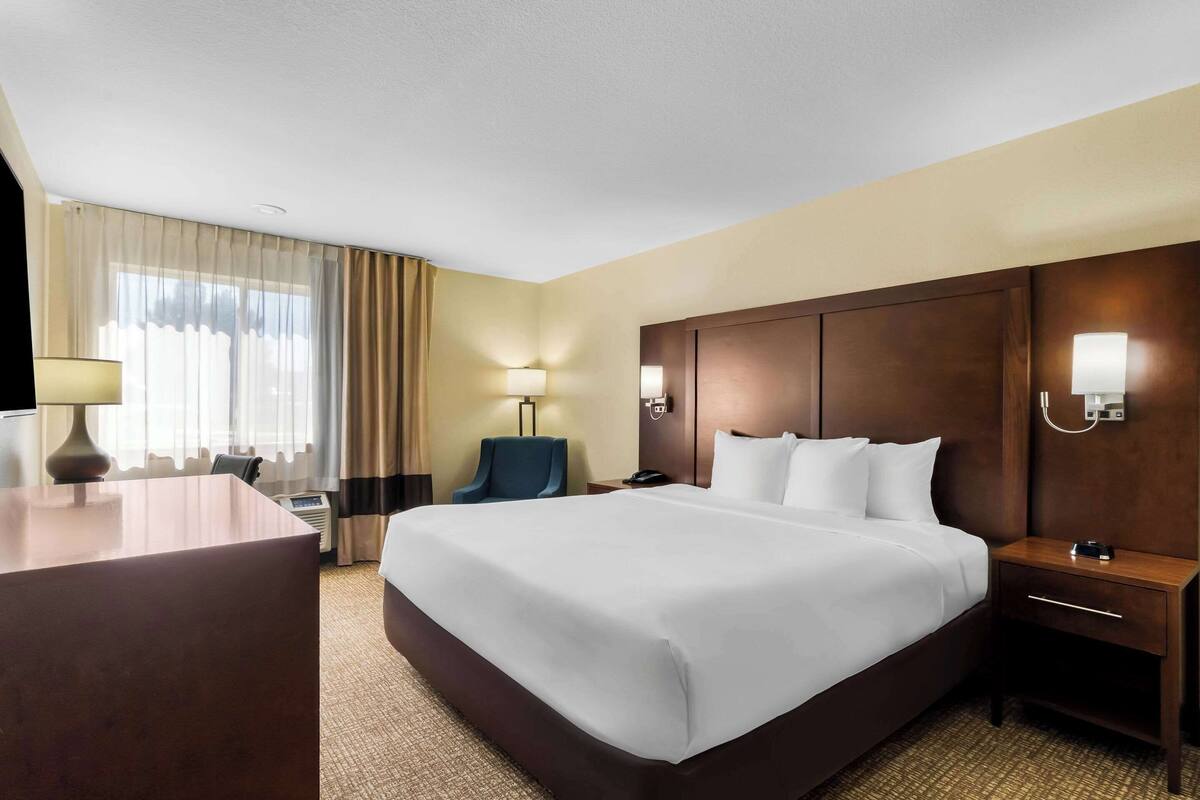A hotel room with a large bed, a desk, a chair, and a bedside table with a lamp.