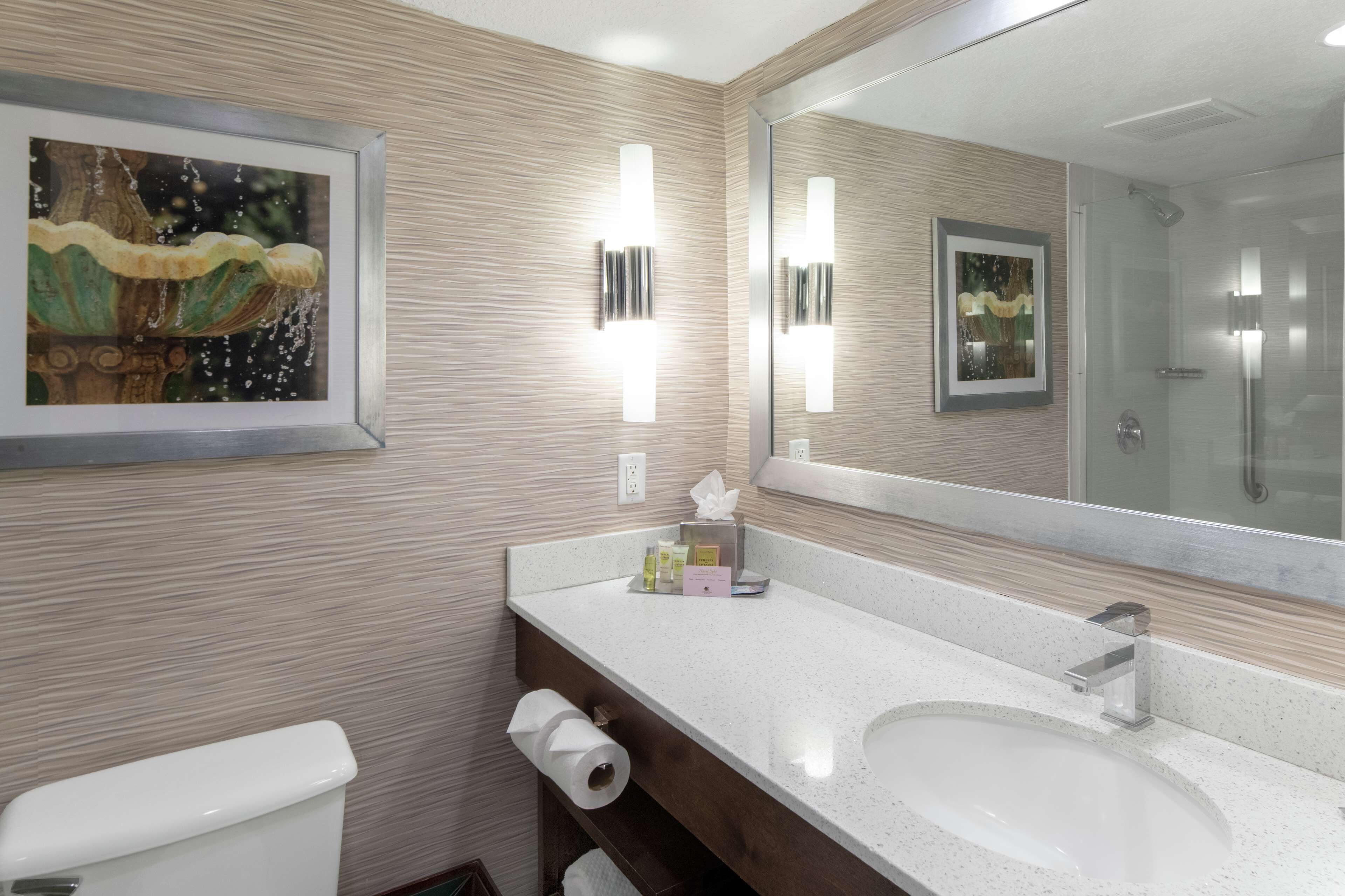 A modern bathroom with a sink, mirror, toilet, and framed artwork.