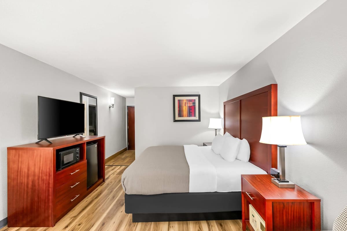 A hotel room with a bed, a TV, a desk with a lamp, and a painting on the wall.