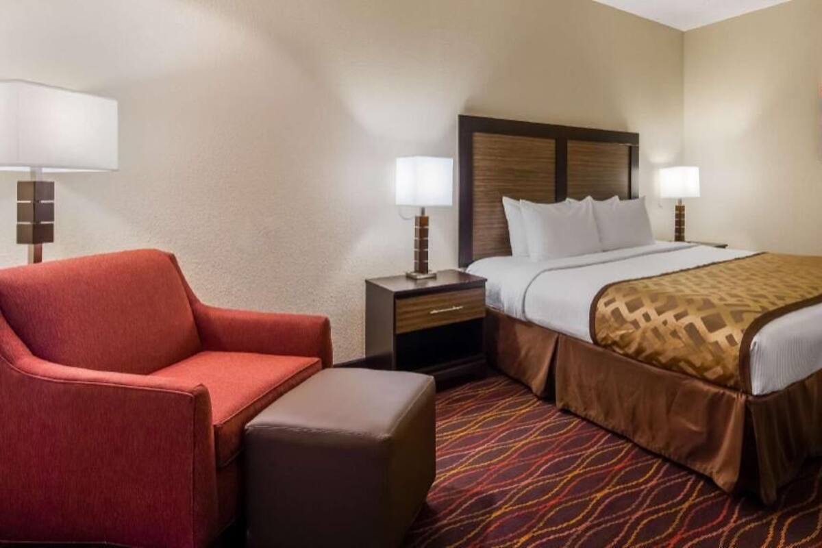 Une chambre d’hôtel avec un lit, un fauteuil rouge, une table de chevet, une lampe et un tapis à motifs.