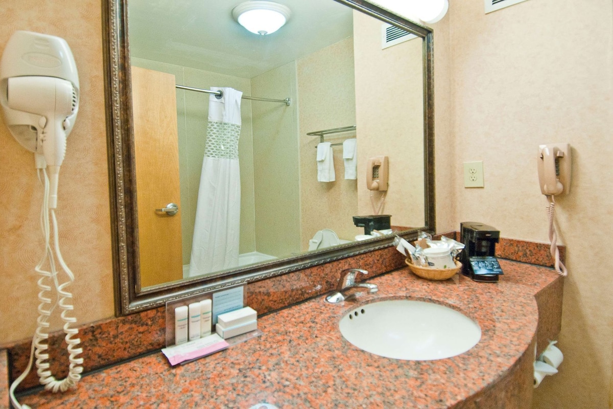 A bathroom with a sink, a hairdryer, a mirror, a telephone, and a shower curtain.