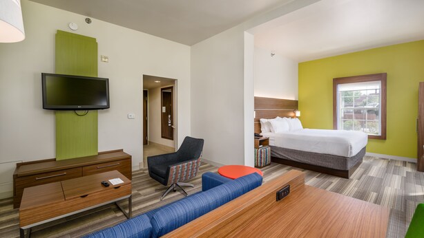 A hotel room with a bed, a TV, a desk, and a seating area. - Holiday Inn Express Hotel & Suites Phoenix-Airport by IHG (Phoenix)
