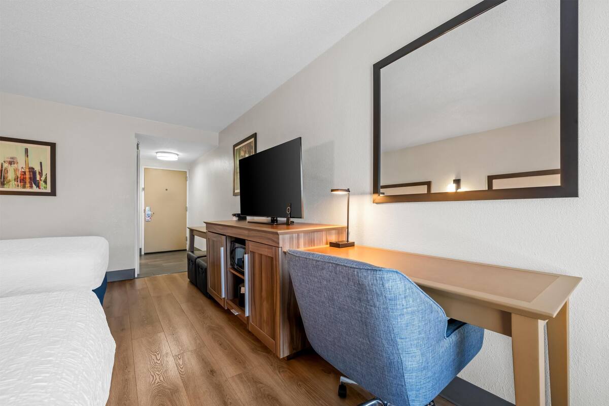 A hotel room with a bed, a desk, a chair, a television, a mirror, and a door.