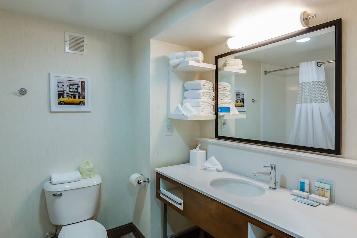 A hotel bathroom with a toilet, sink, mirror, towel rack, and a framed picture on the wall.