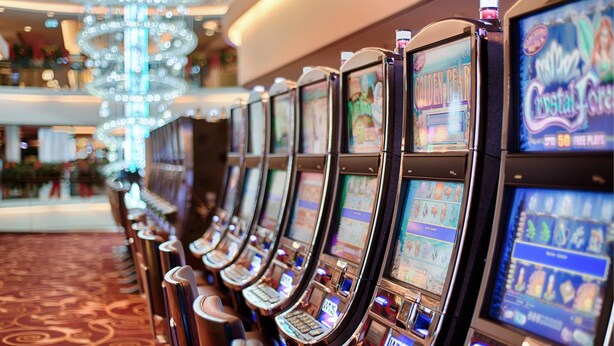 Une rangée de machines à sous dans un casino, avec un lustre en arrière-plan.