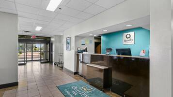 A hotel reception area with a reception desk, a blue wall with the hotel logo, a green carpet with the hotel name, and a view of the outside through the glass doors.