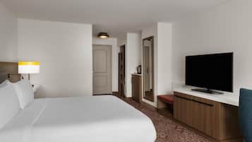 A hotel room with a bed, a television, a desk, and a mirror.