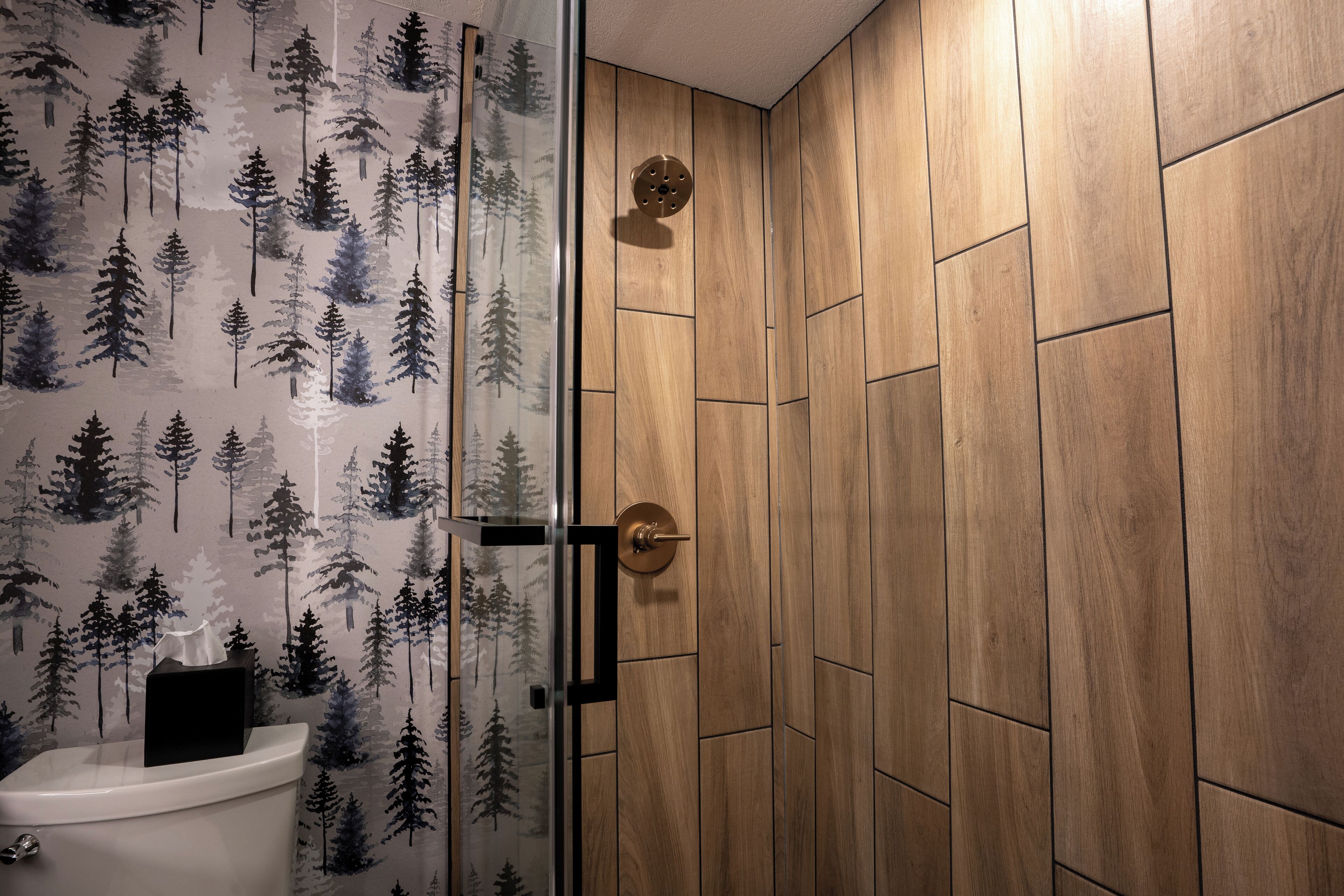 A bathroom with a toilet, a glass shower enclosure, and a wooden wall with a door.