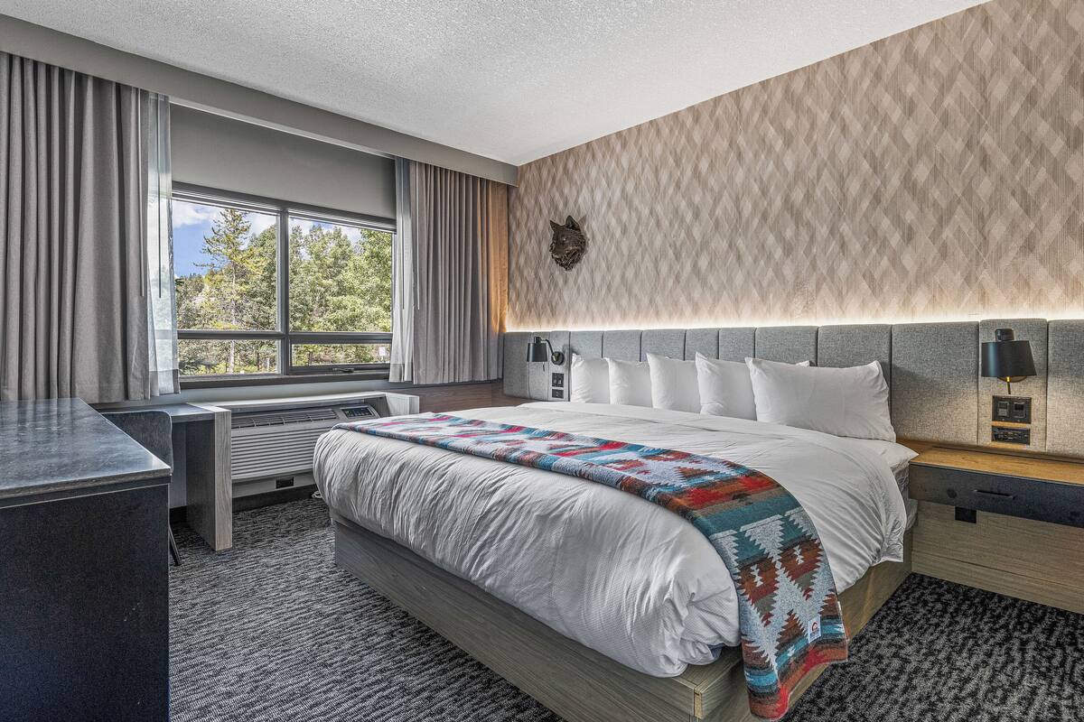 Une chambre d’hôtel moderne avec un grand lit, un bureau et une fenêtre avec des rideaux.