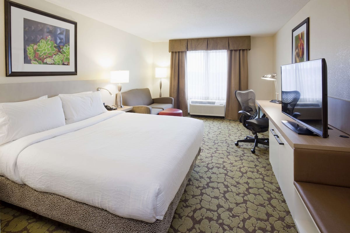 Quarto de hotel com uma cama grande, uma escrivaninha com computador, uma cadeira, televisão e ar condicionado.