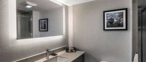 Une salle de bain moderne avec un grand miroir, un lavabo et des toilettes.