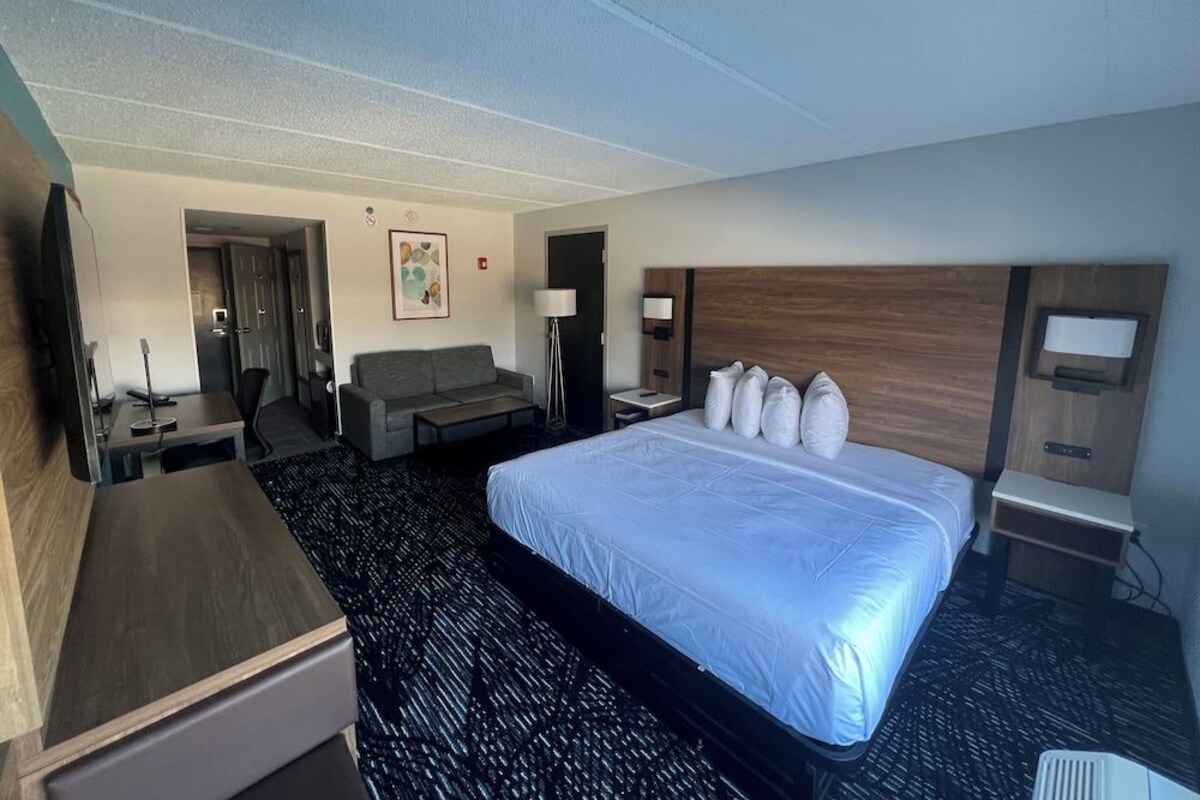 Une chambre d’hôtel avec un grand lit, un bureau, un canapé, une télévision et une porte.