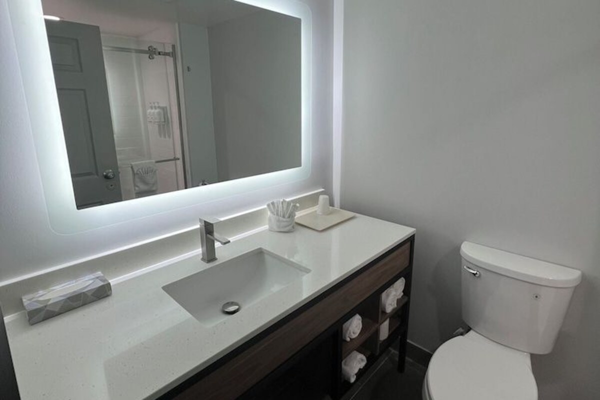 Une salle de bain moderne avec un grand miroir, un lavabo blanc et des toilettes.