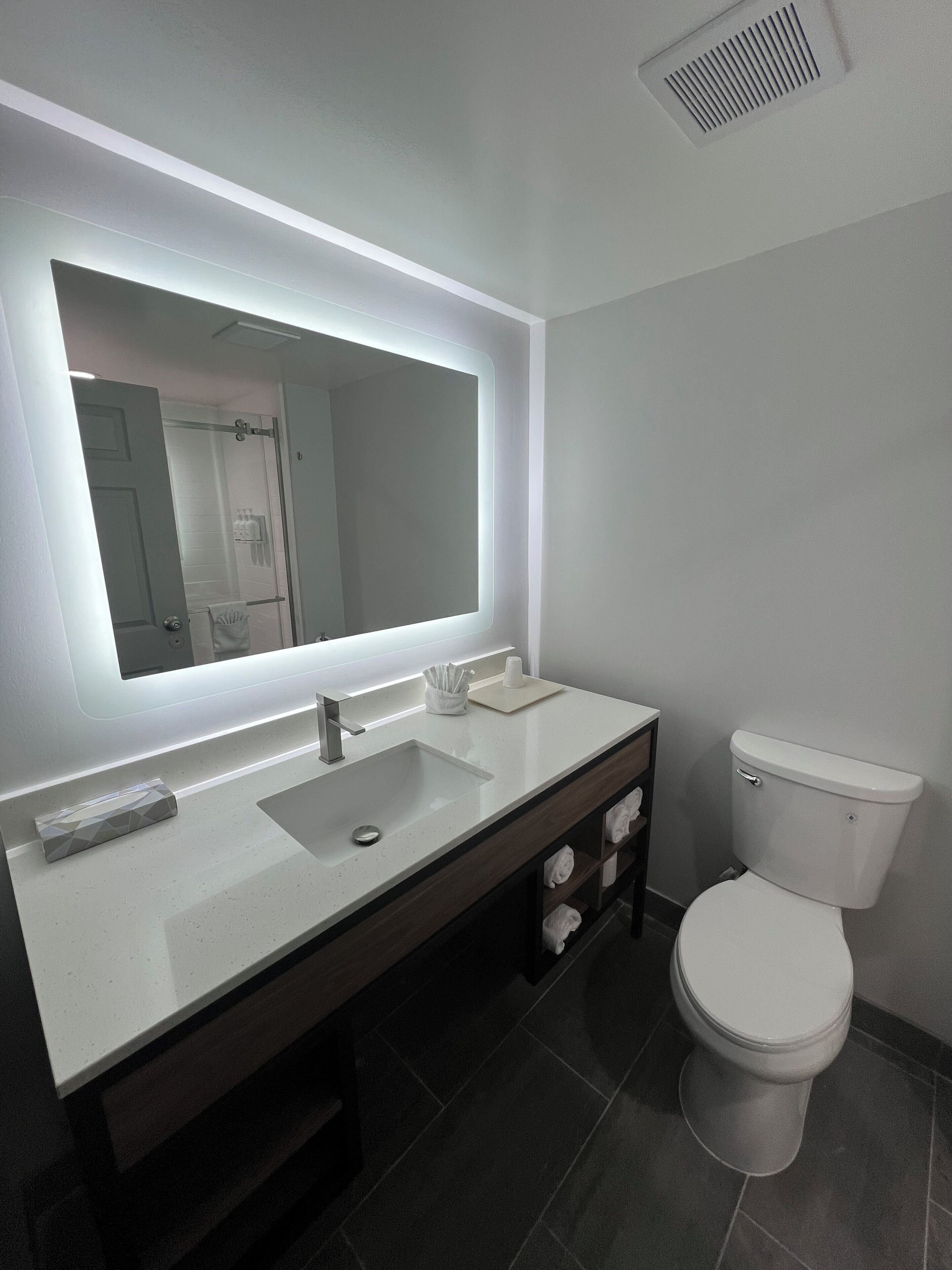 A modern bathroom with a large mirror, a white sink, a toilet, and a towel rack.
