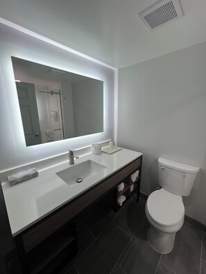 Combined shower/tub, free toiletries, hair dryer, towels