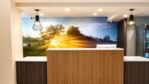 Un comptoir d’accueil avec un panneau décoratif en bois, une fresque murale représentant un lever de soleil et des luminaires suspendus.