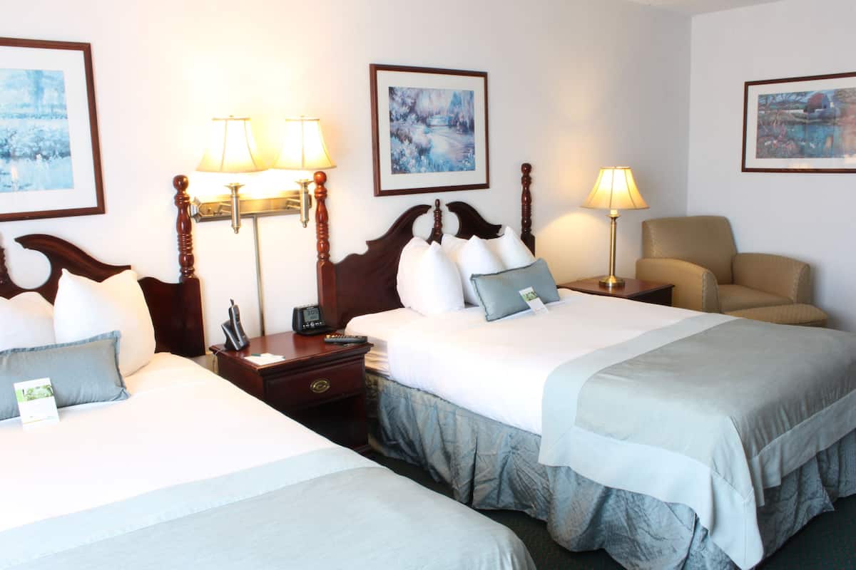 Une chambre d’hôtel avec deux lits, des tables de chevet, des lampes et des œuvres d’art encadrées accrochées aux murs.