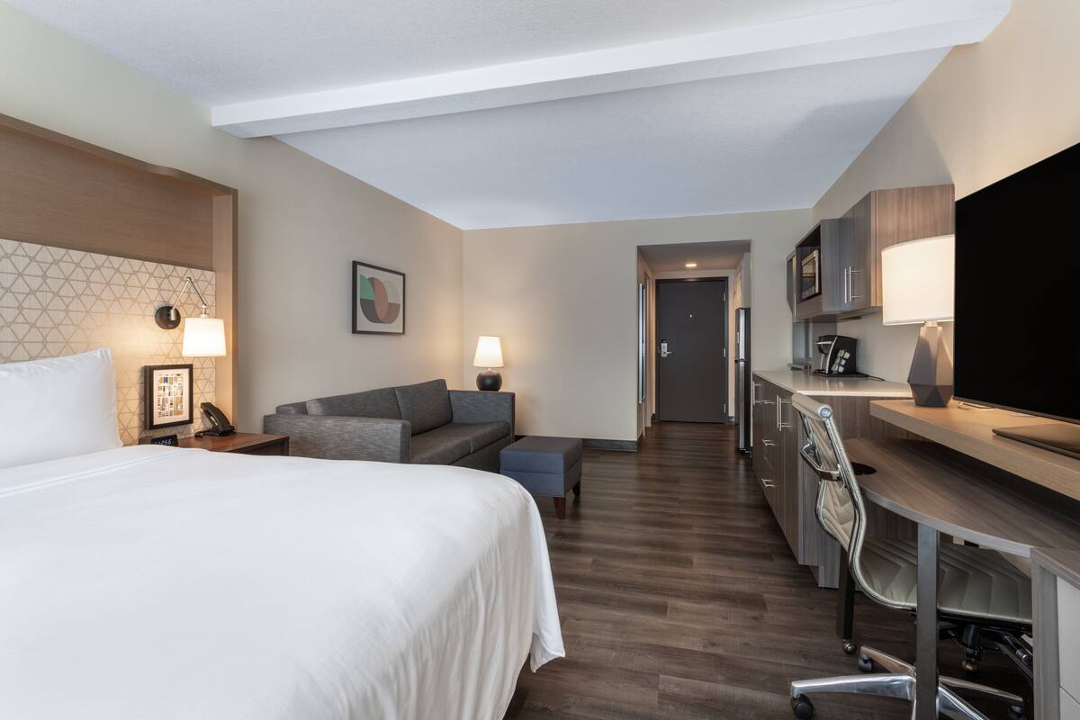 A hotel room with a bed, a sofa, a desk with a chair, a TV, and a microwave.