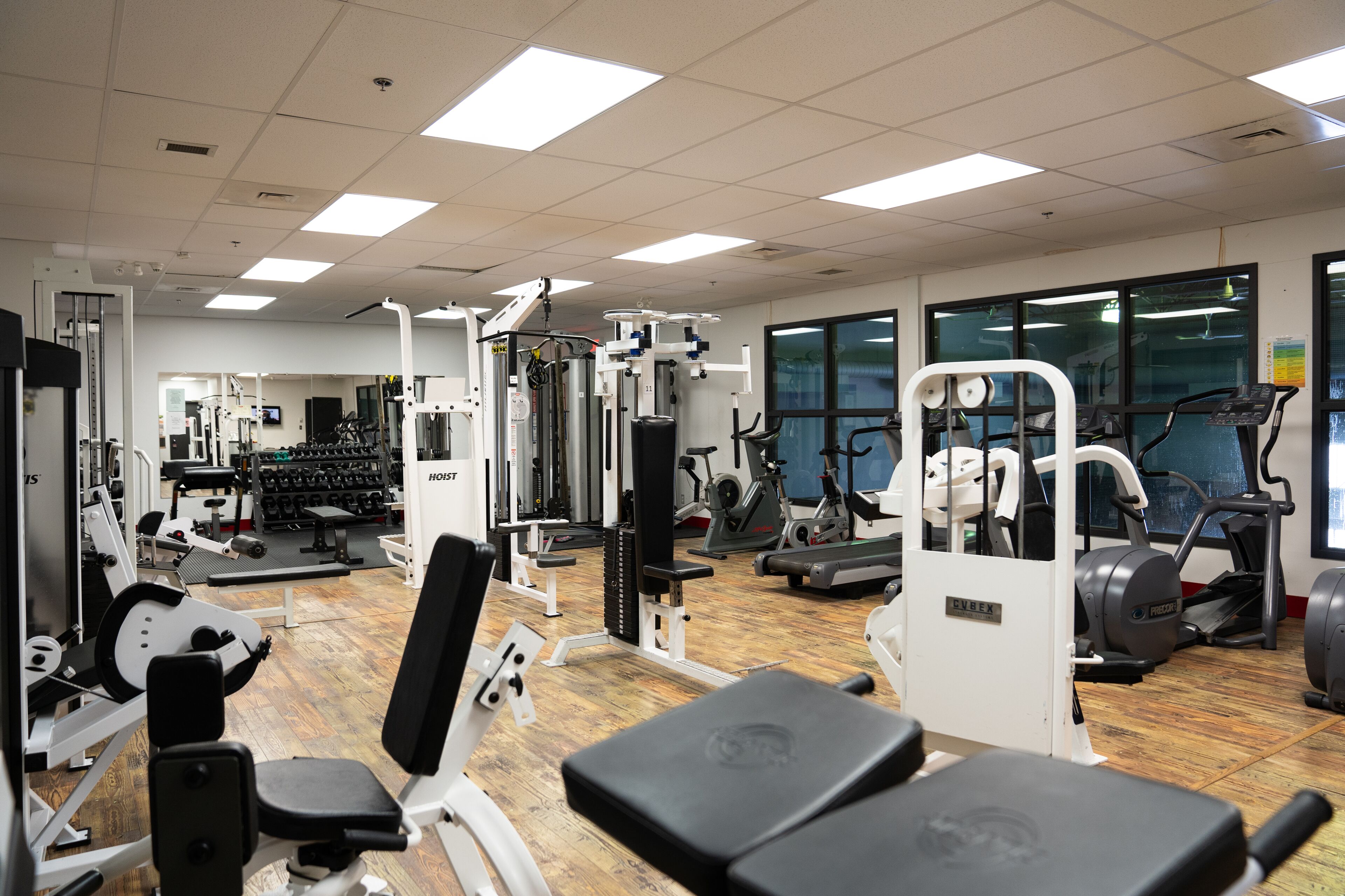 Un gimnasio con diversos equipos de ejercicio, como cintas de correr, máquinas de pesas y pesas sueltas.