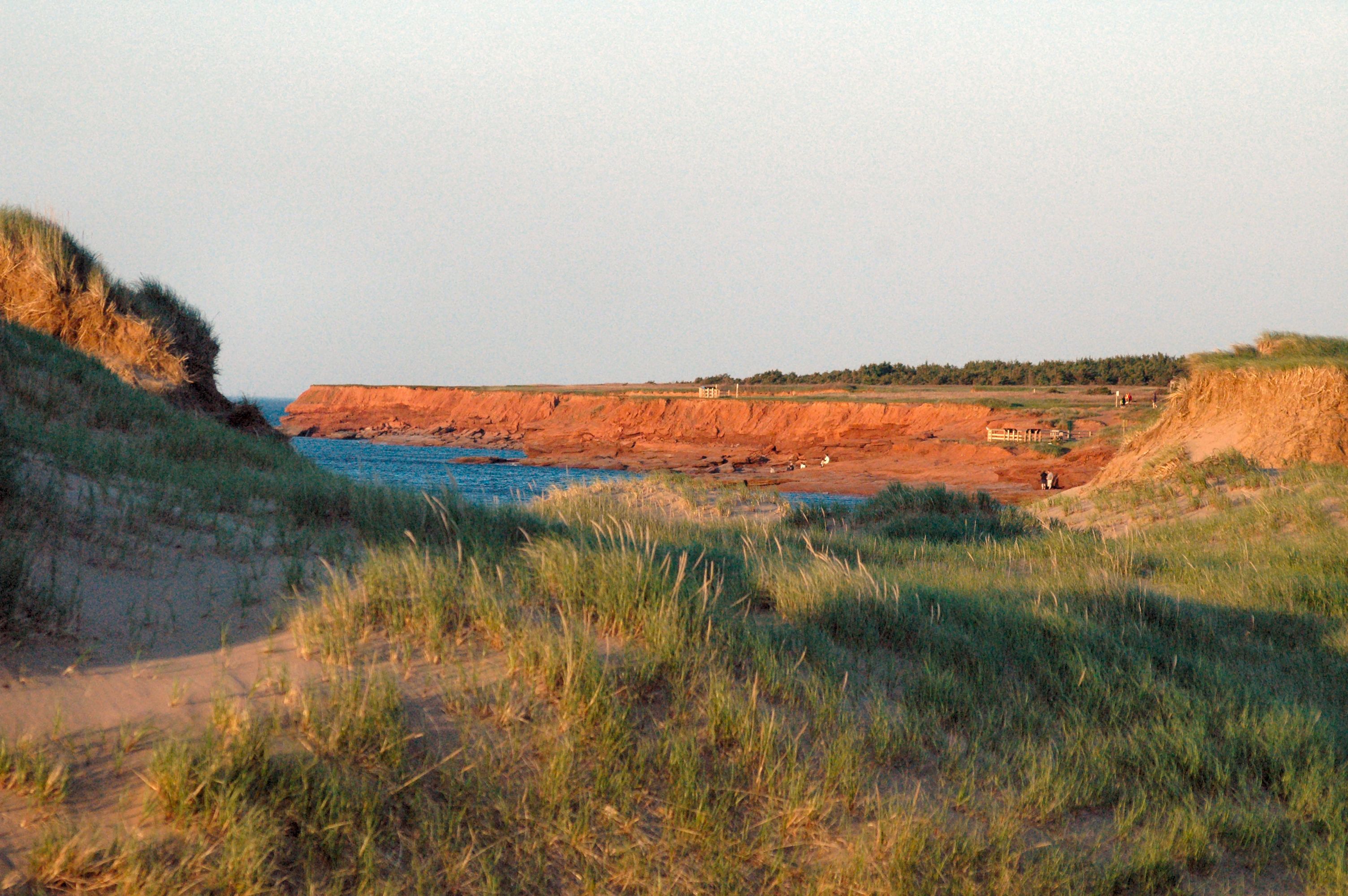 A coastal landscape with dunes, a beach, and a distant view of a settlement.