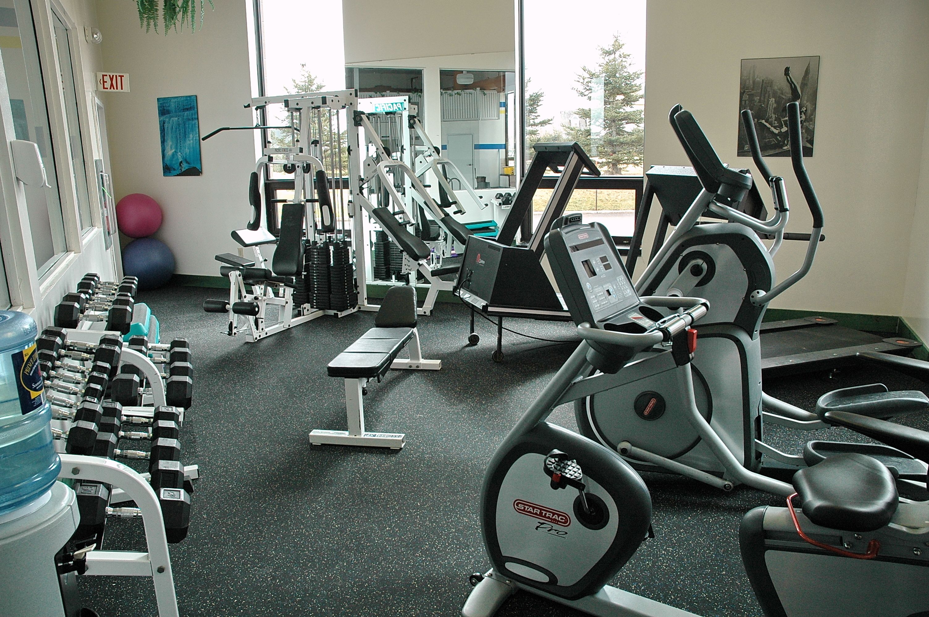 A gym with various exercise equipment including dumbbells, a bench, and cardio machines.