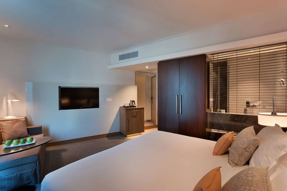 A hotel room with a bed, a TV, a desk with a lamp, a wardrobe, and a bathroom with a mirror.