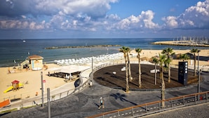 A beachside promenade with a wooden boardwalk, palm trees, and a lifeguard tower. - Shalom Hotel & Relax - an Atlas Boutique Hotel (Tel Aviv)