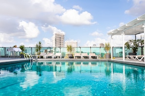 Outdoor pool, open 10:00 AM to 5:00 PM, pool umbrellas, pool loungers