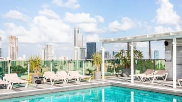 Outdoor pool, open 10:00 AM to 5:00 PM, pool umbrellas, pool loungers