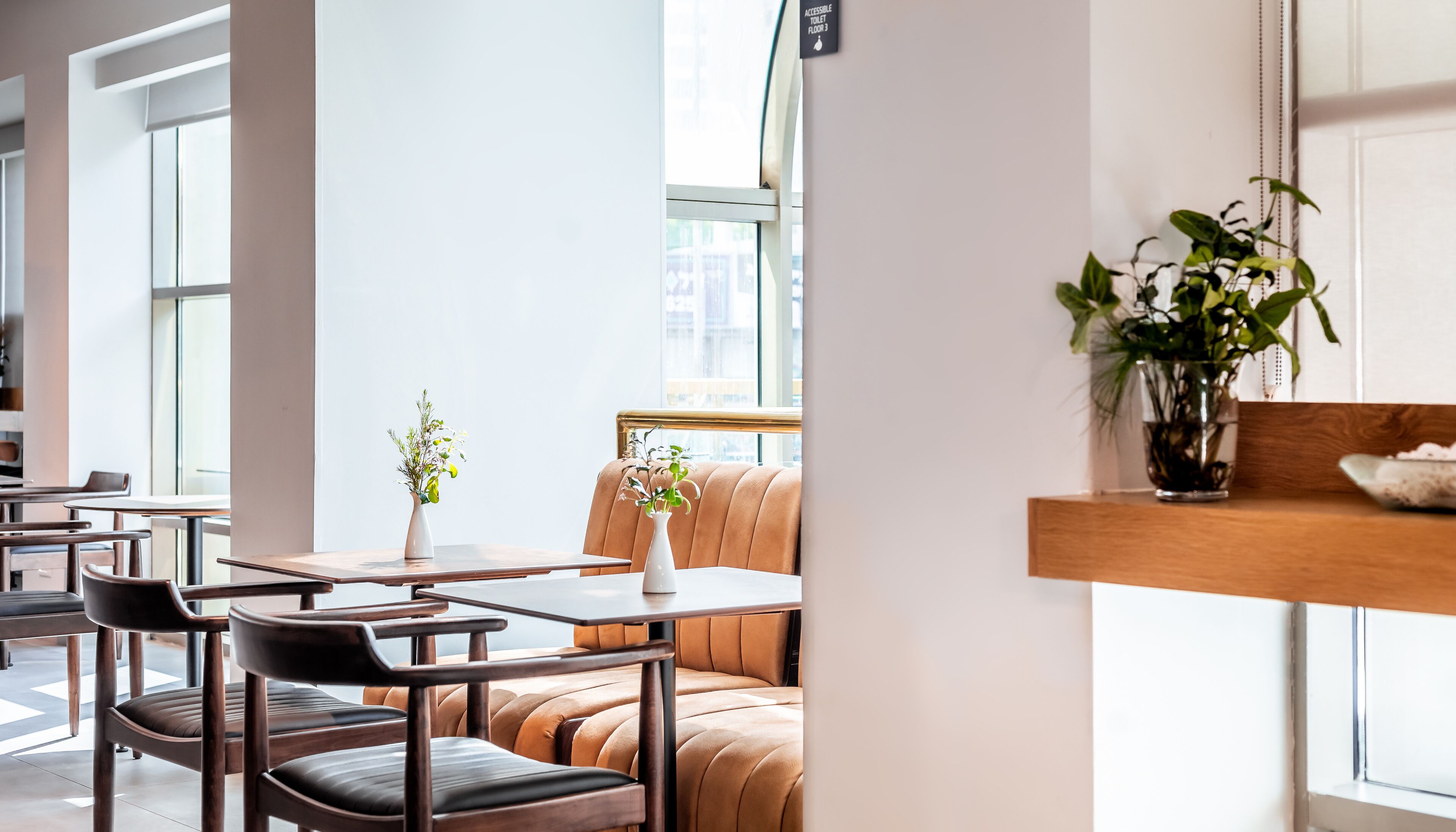 A modern cafe interior with leather seating, a small white vase with flowers, and a plant on a wooden shelf.