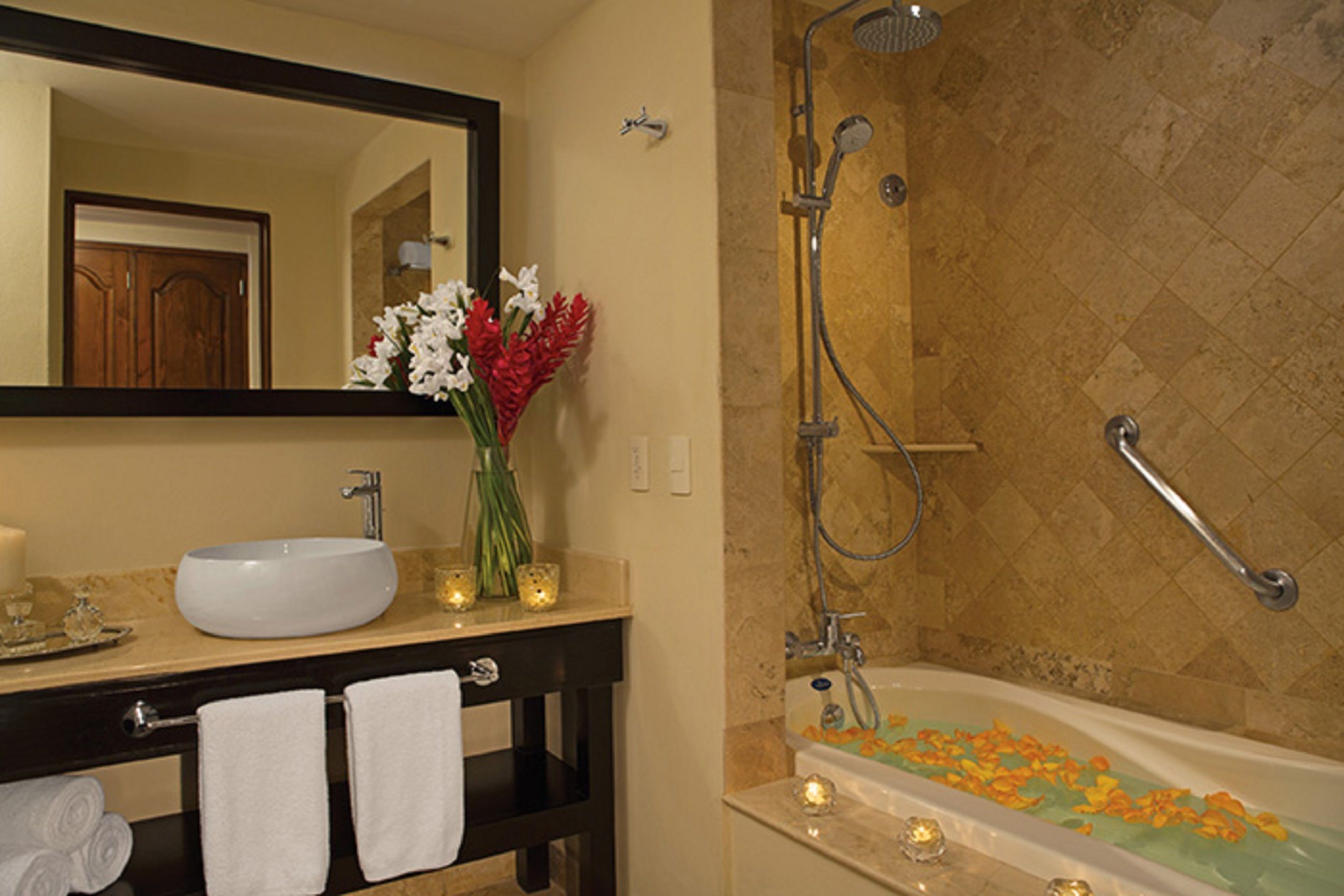 rainfall showerhead, designer toiletries, hair dryer, dressing gowns