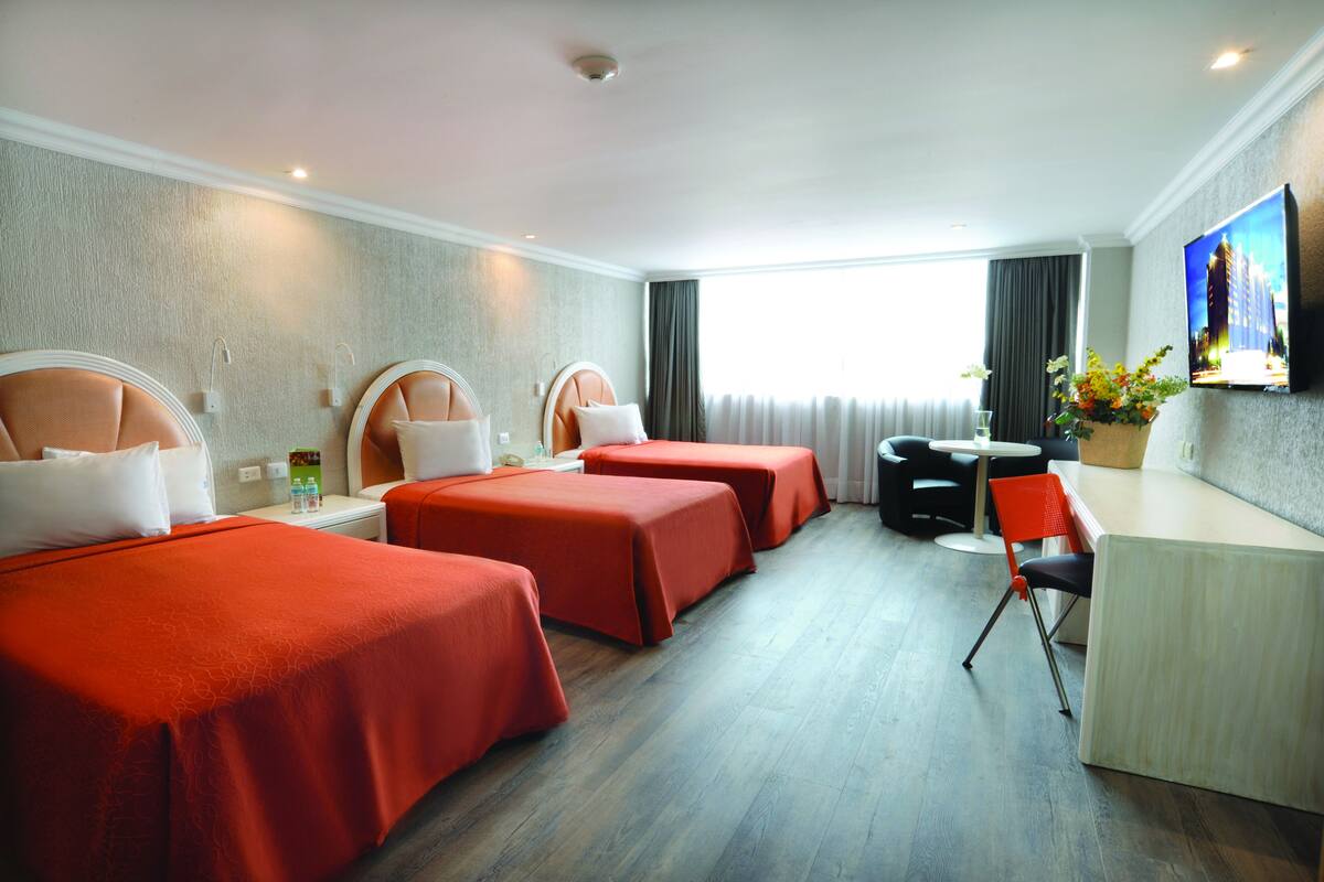 A hotel room with three single beds, a desk, a chair, a TV, and a potted plant.