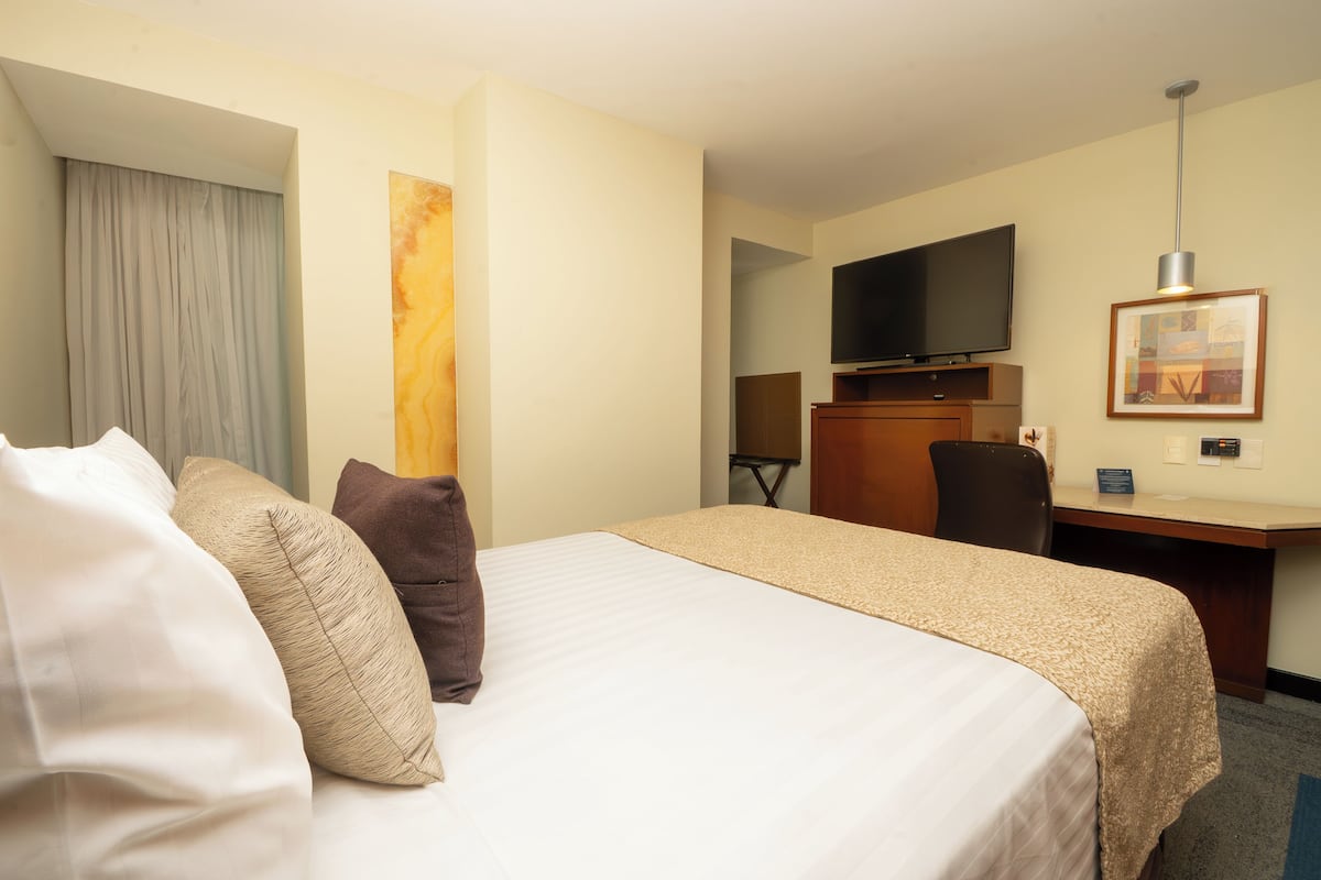 A hotel room with a large bed, a desk, a television, and a framed picture on the wall.