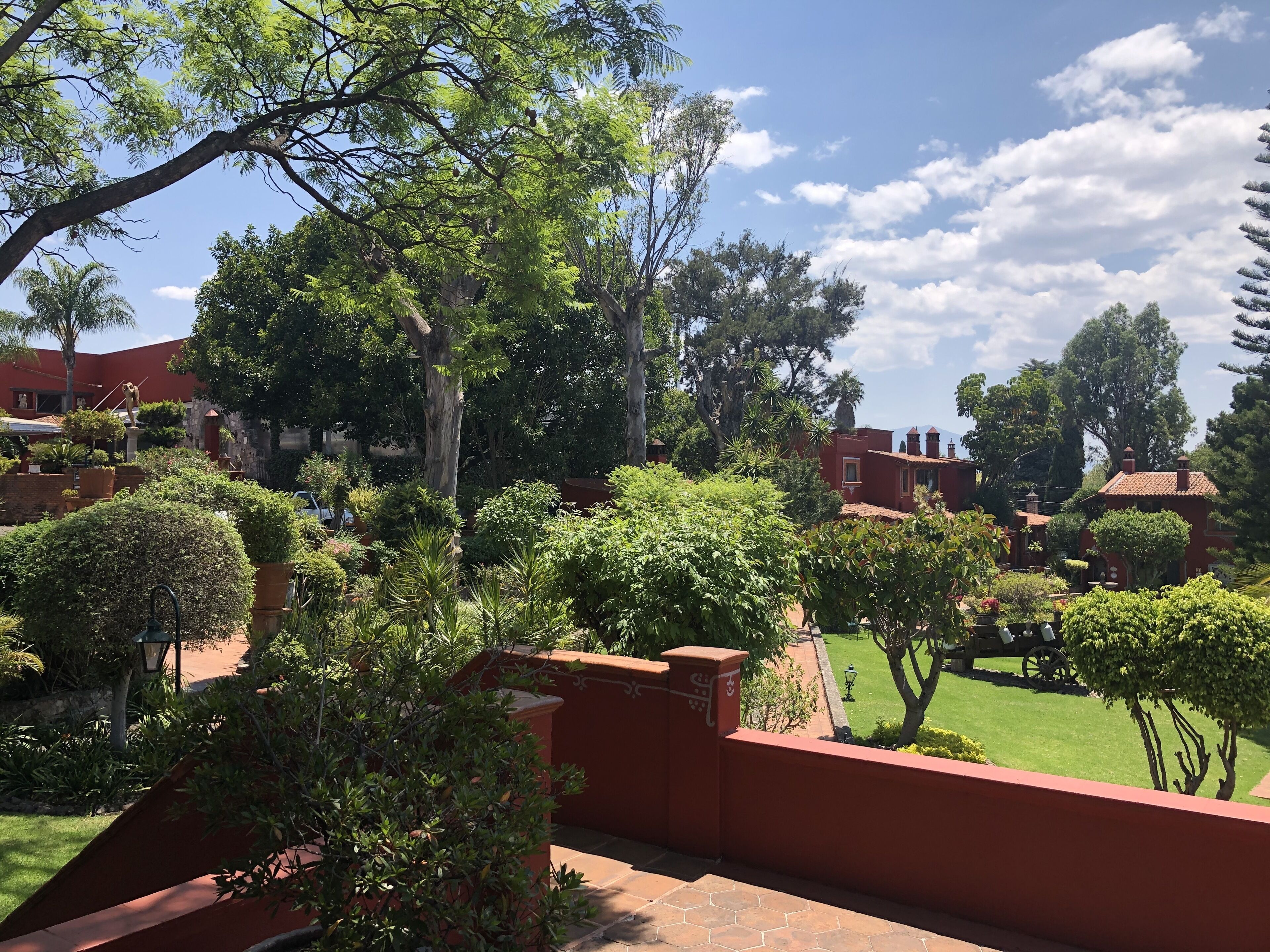 Un patio con paredes rojas, césped verde y varios árboles.