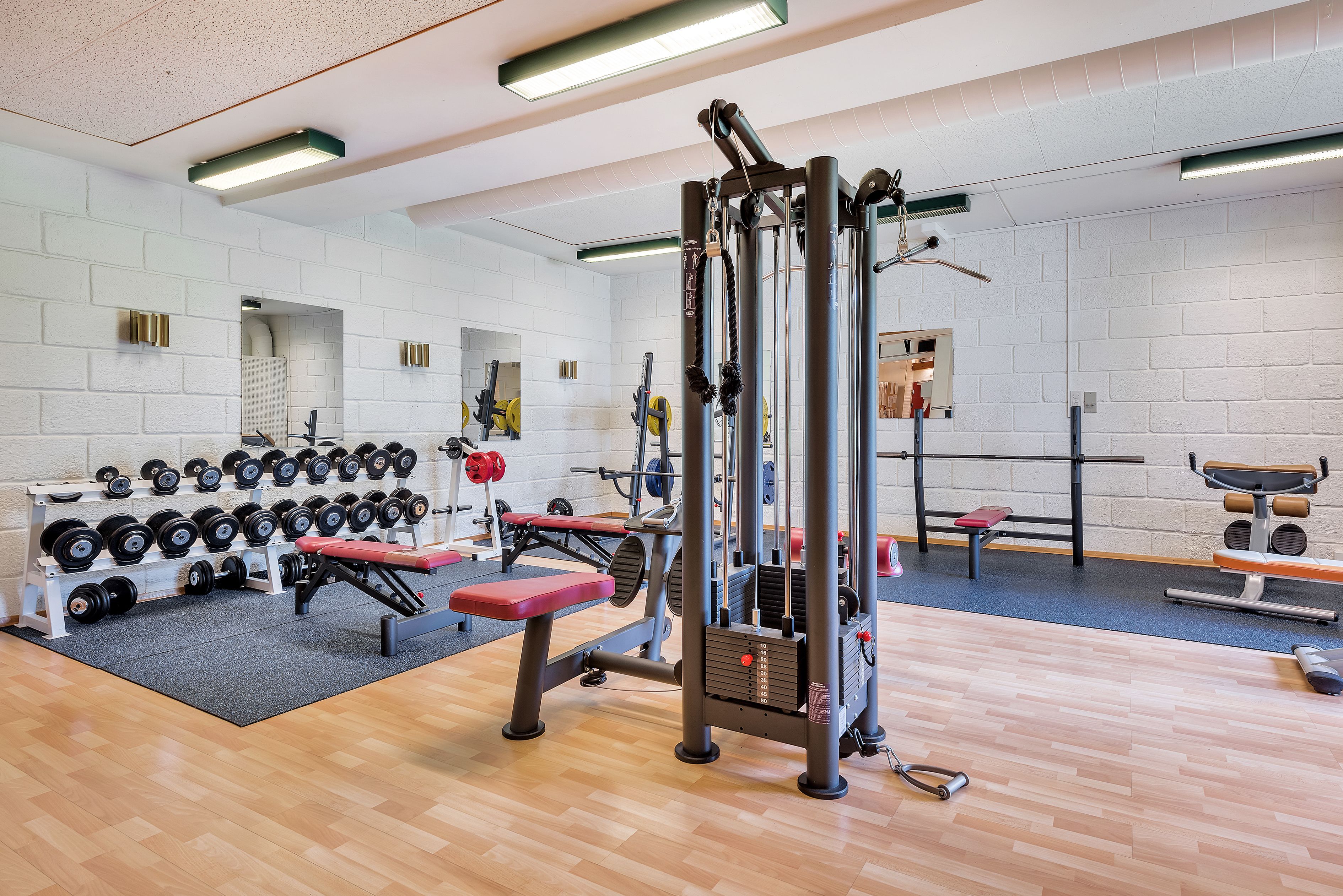 Ein Fitnessstudio mit Krafttrainingsgeräten, Bänken und einem Spiegel.