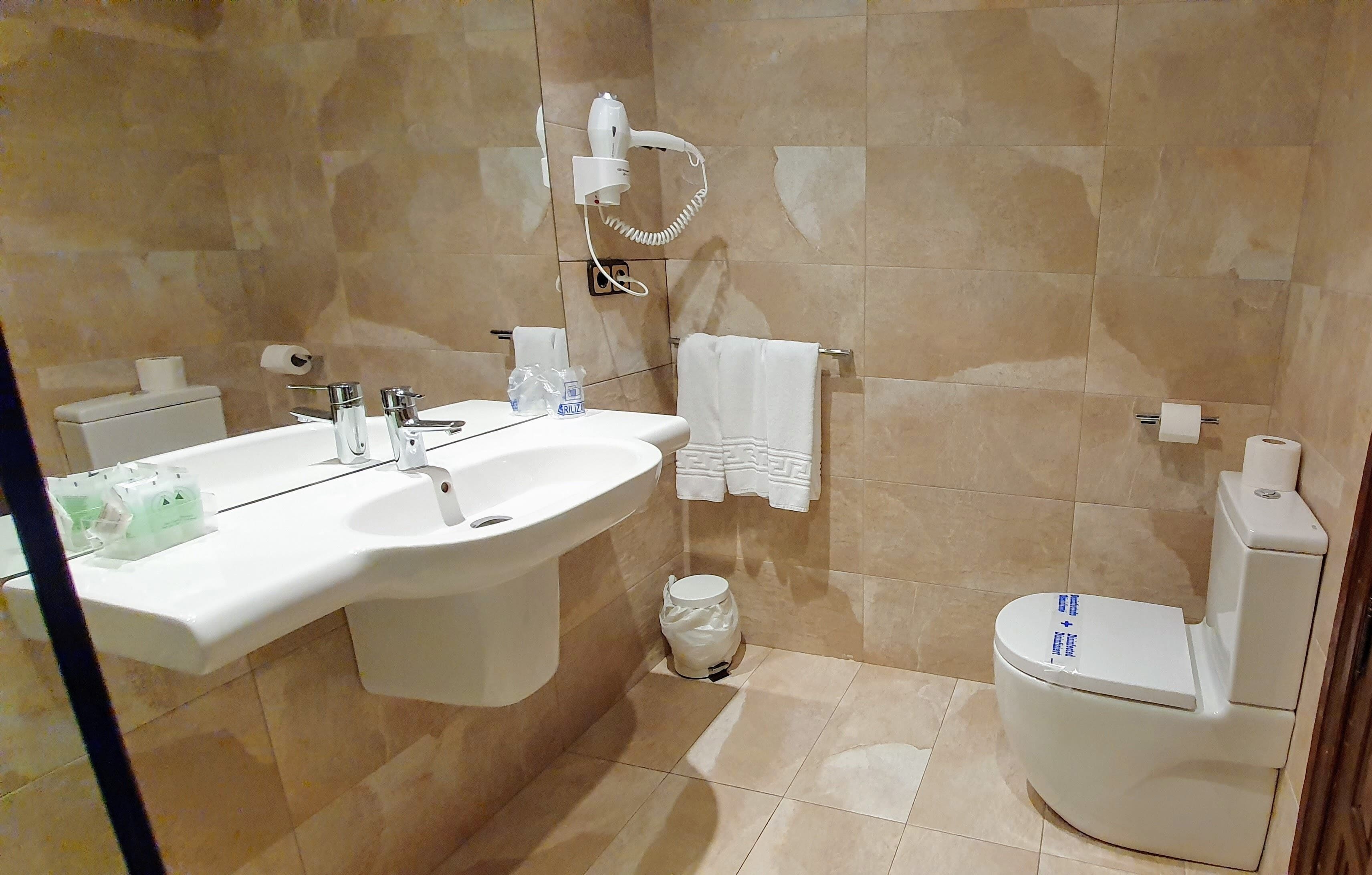 basic twin room | bathroom | combined shower/bathtub, hair dryer, bidet, towels