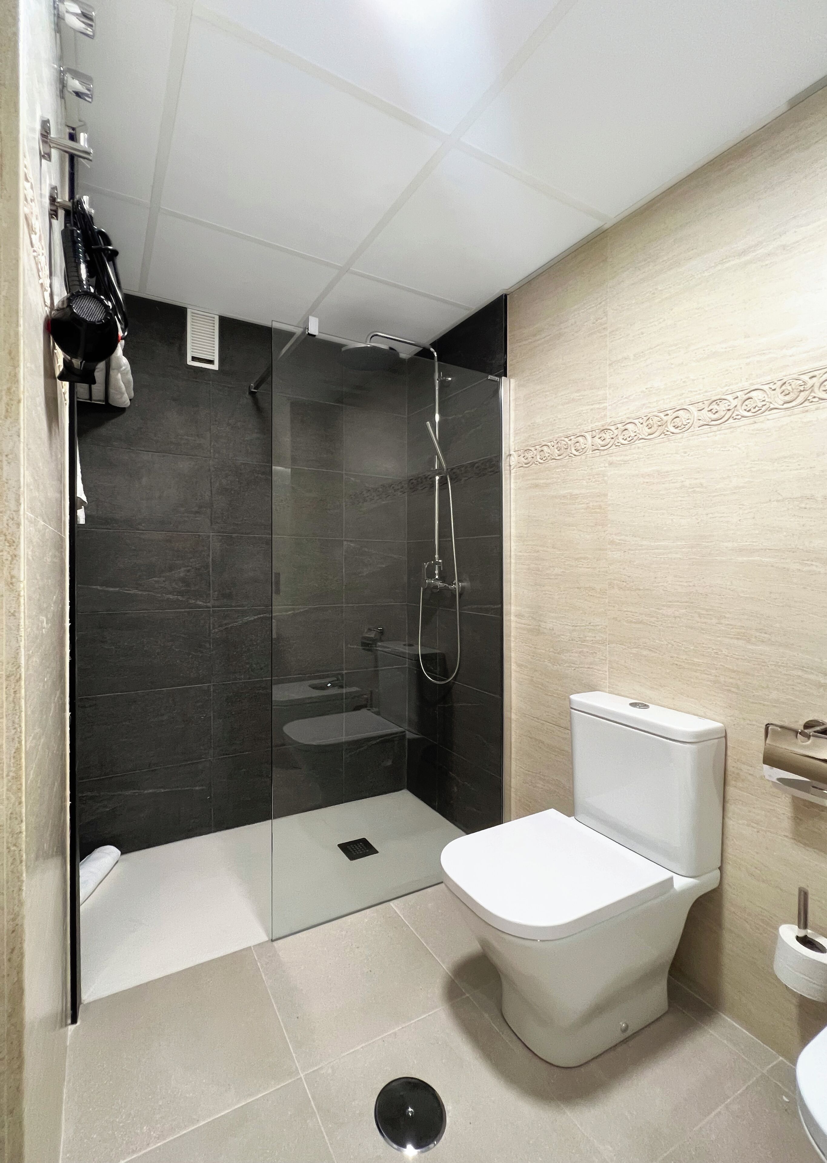 A modern bathroom with a glass-enclosed shower, a white toilet, and a towel rack.