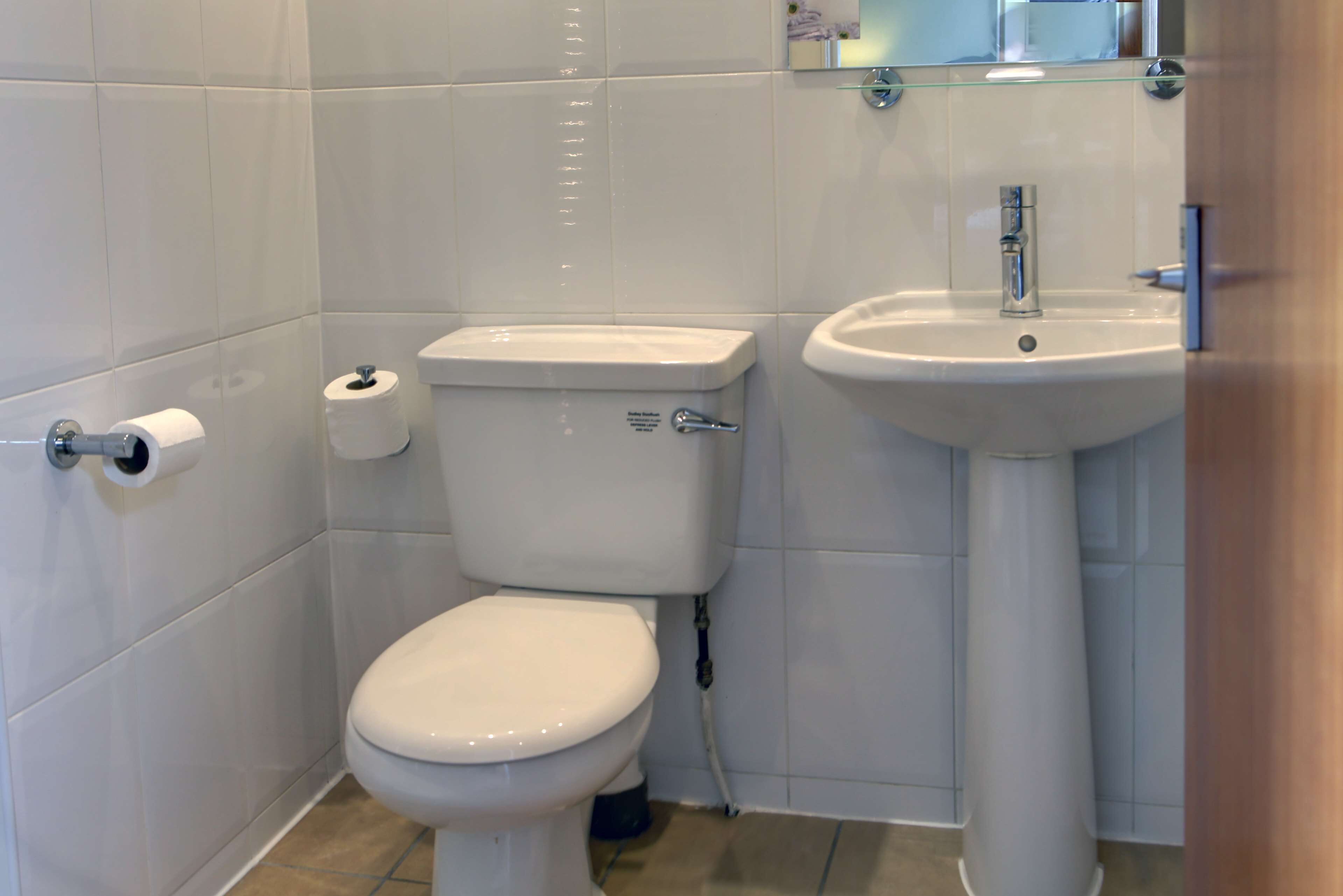 A bathroom with a toilet, sink, and a toilet paper holder.