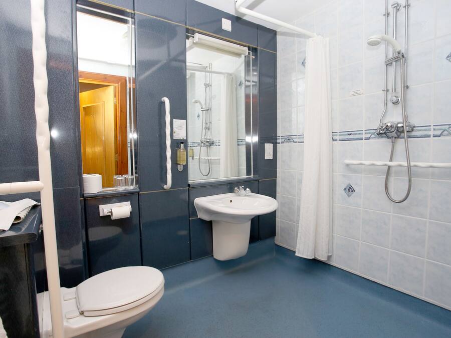Une salle de bain avec des toilettes, un lavabo et une douche.