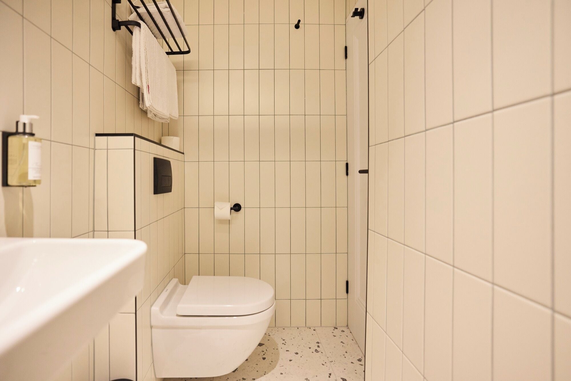 A bathroom with a toilet, a sink, and a shower area.