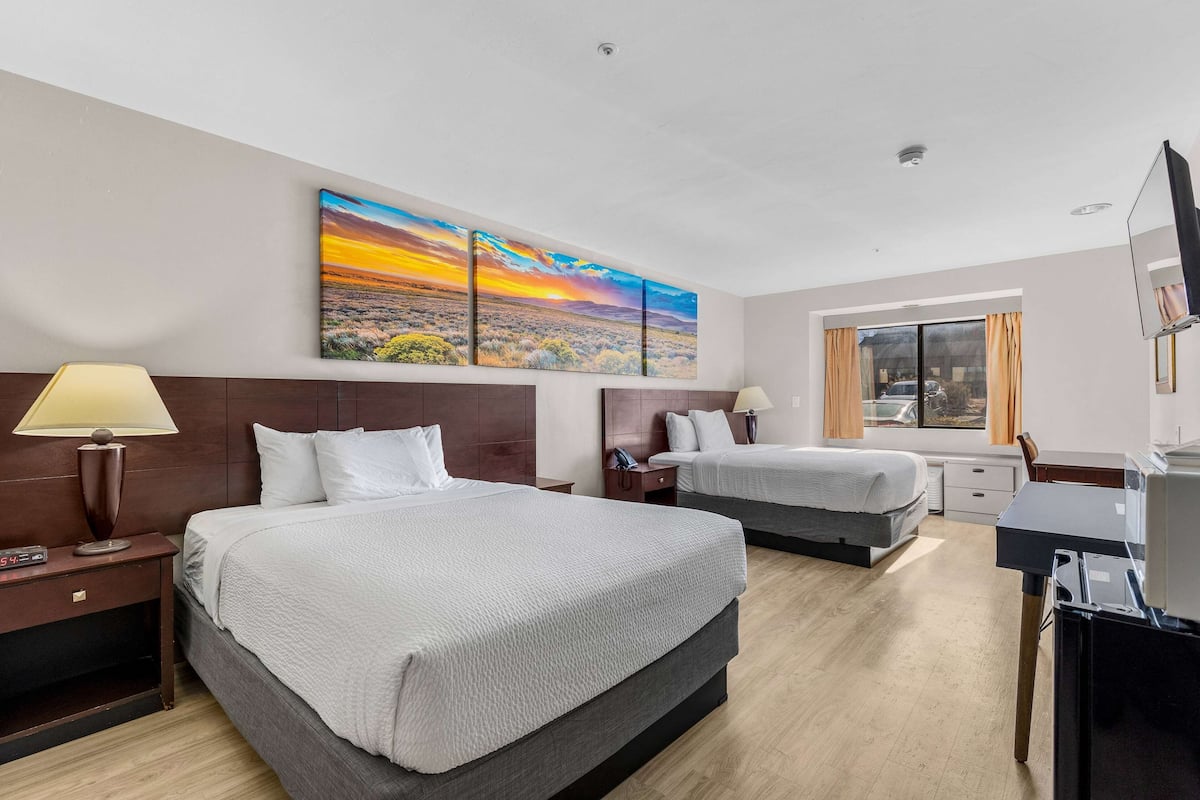 Habitación de hotel con dos camas, un escritorio, una silla, un televisor y un cuadro grande con un paisaje.