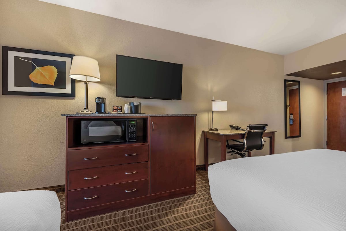 A hotel room with a bed, a desk with a chair, a microwave, a television, and a framed picture on the wall.