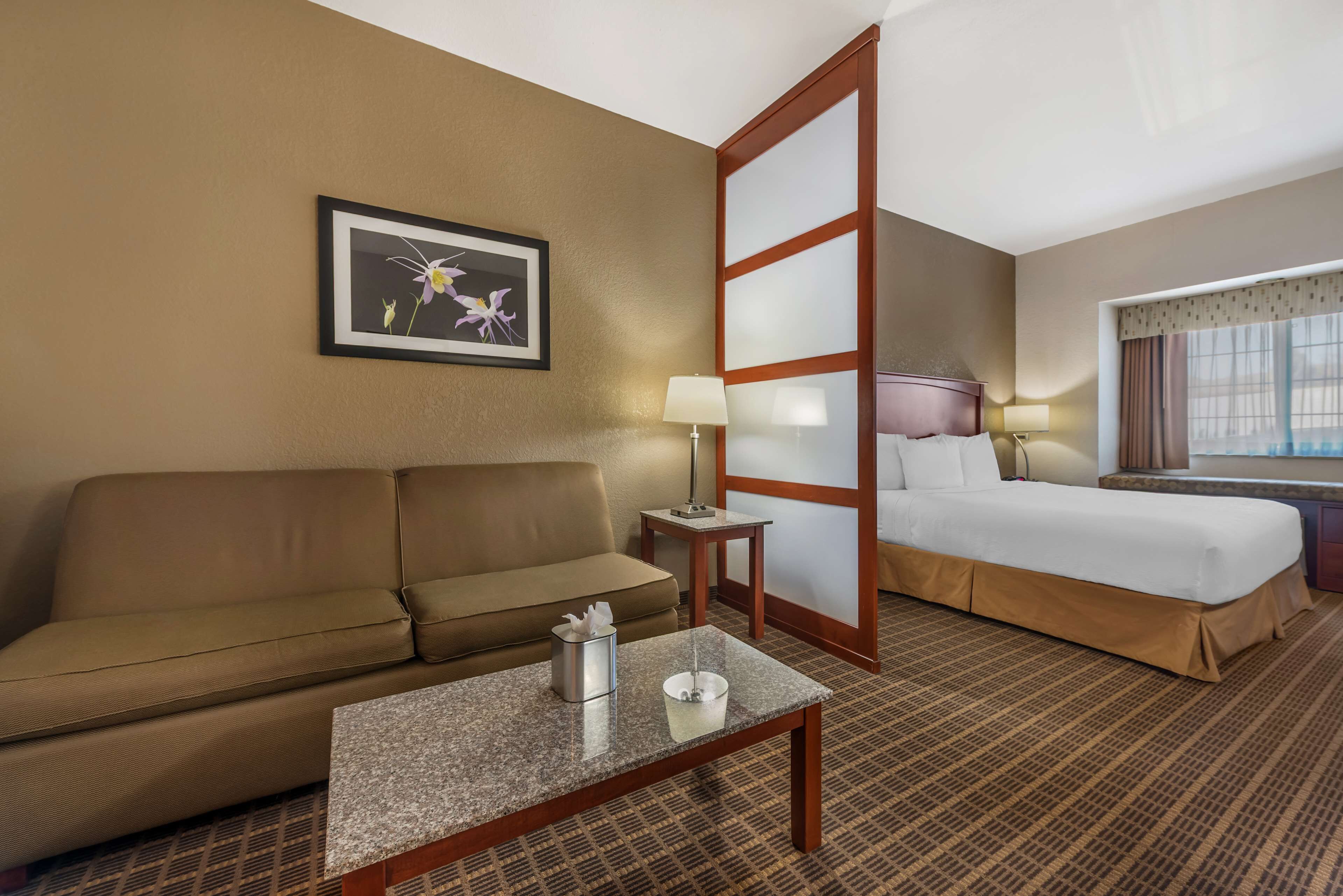 Habitación de hotel con sofá, cama, mesita de noche con lámpara, un cuadro en la pared y ventana con cortinas.