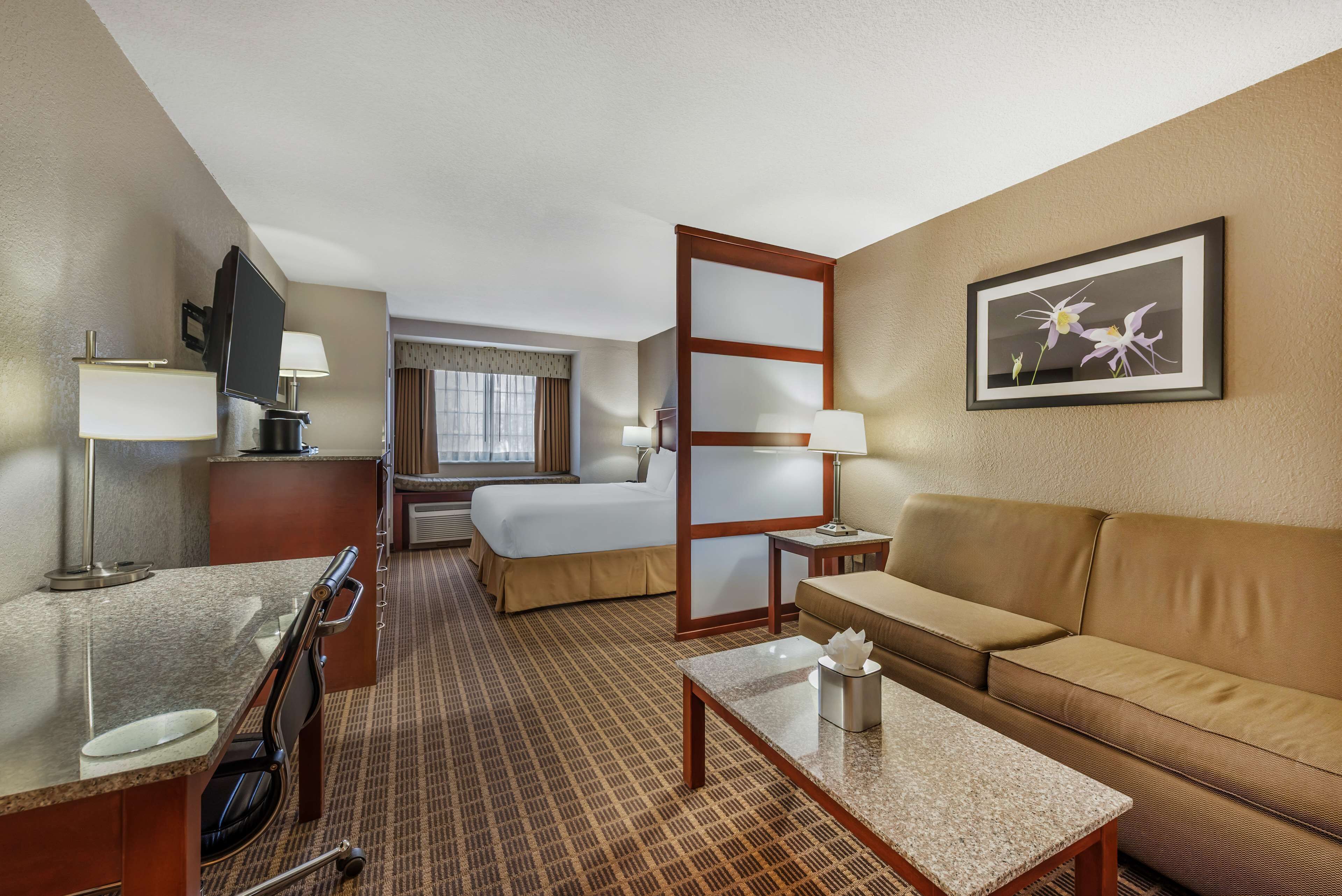 Desk, laptop workspace, blackout drapes, soundproofing