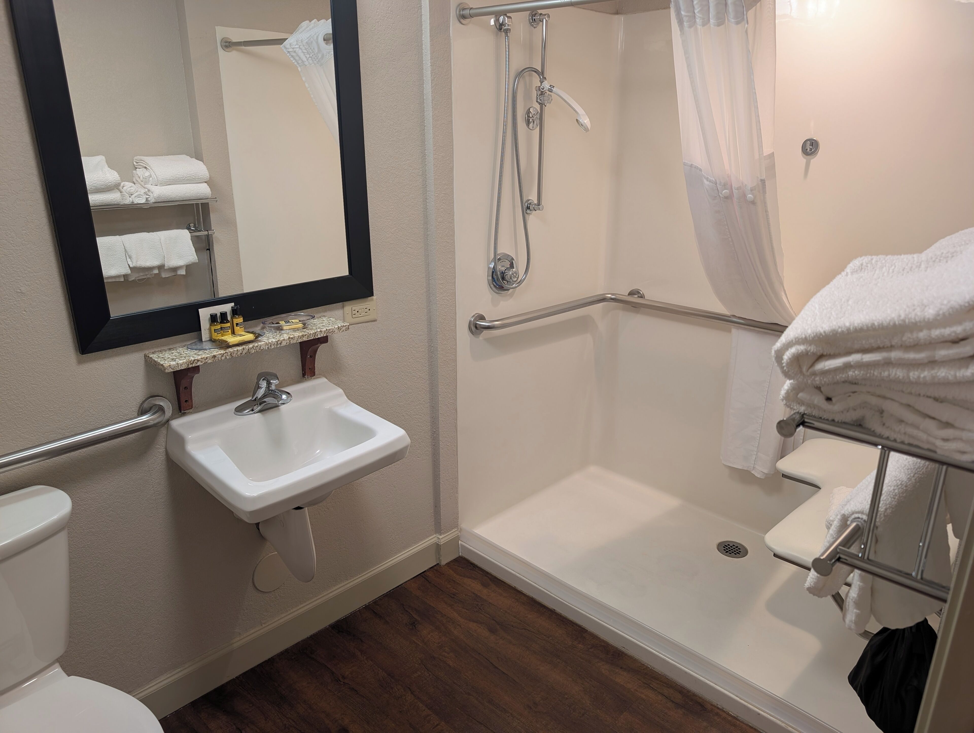 A bathroom with a white sink, a mirror, a shower with a grab bar, and a toilet.