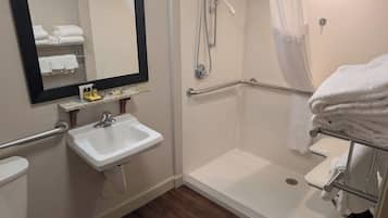 A bathroom with a white sink, a mirror, a shower with a grab bar, and a toilet.